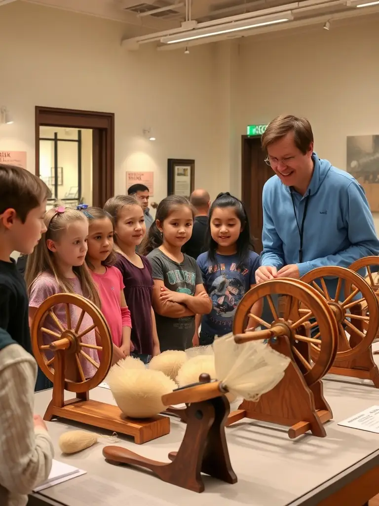 A group of schoolchildren attentively listening to a guide during an educational tour, examining silk cocoons and vintage spinning wheels displayed in a museum exhibit.