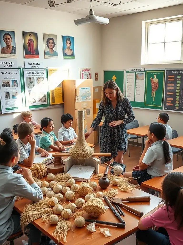 A candid image of a classroom setting where a passionate educator presents silk cocoons and weaving tools to engaged students, with educational posters about silk history in the background.