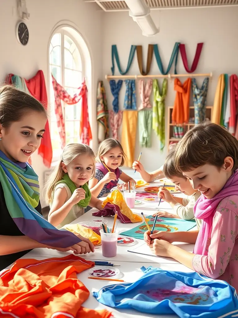 A lively image of a group of children and adults painting silk scarves during an educational art session, surrounded by finished colorful textiles.
