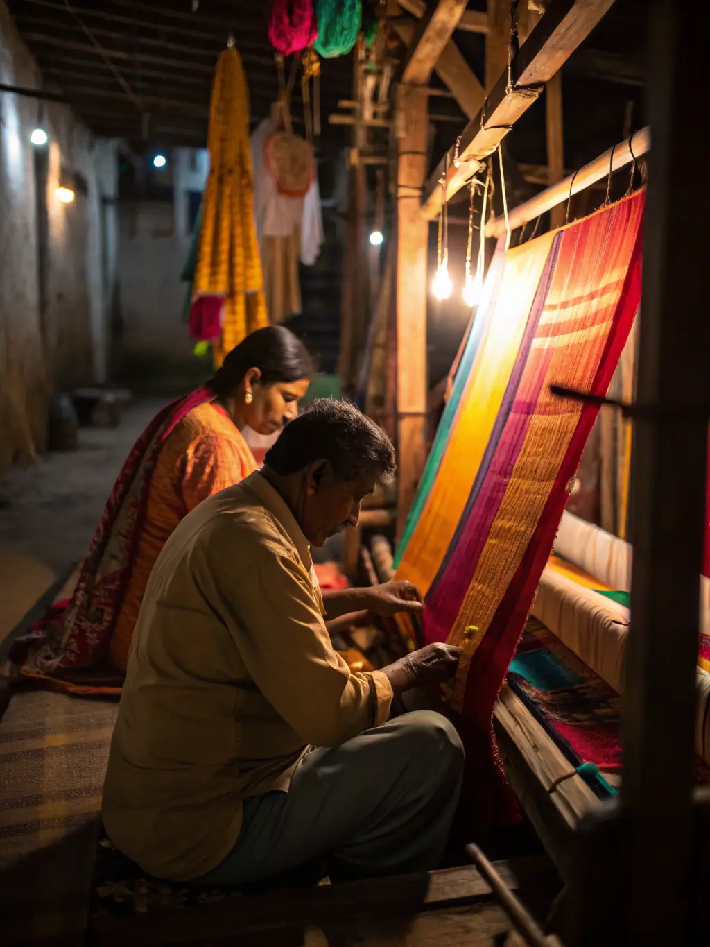 A vibrant photo of elderly silk artisans demonstrating traditional weaving techniques to a small group of attentive children in a sunlit workshop, highlighting the preservation of silk heritage.