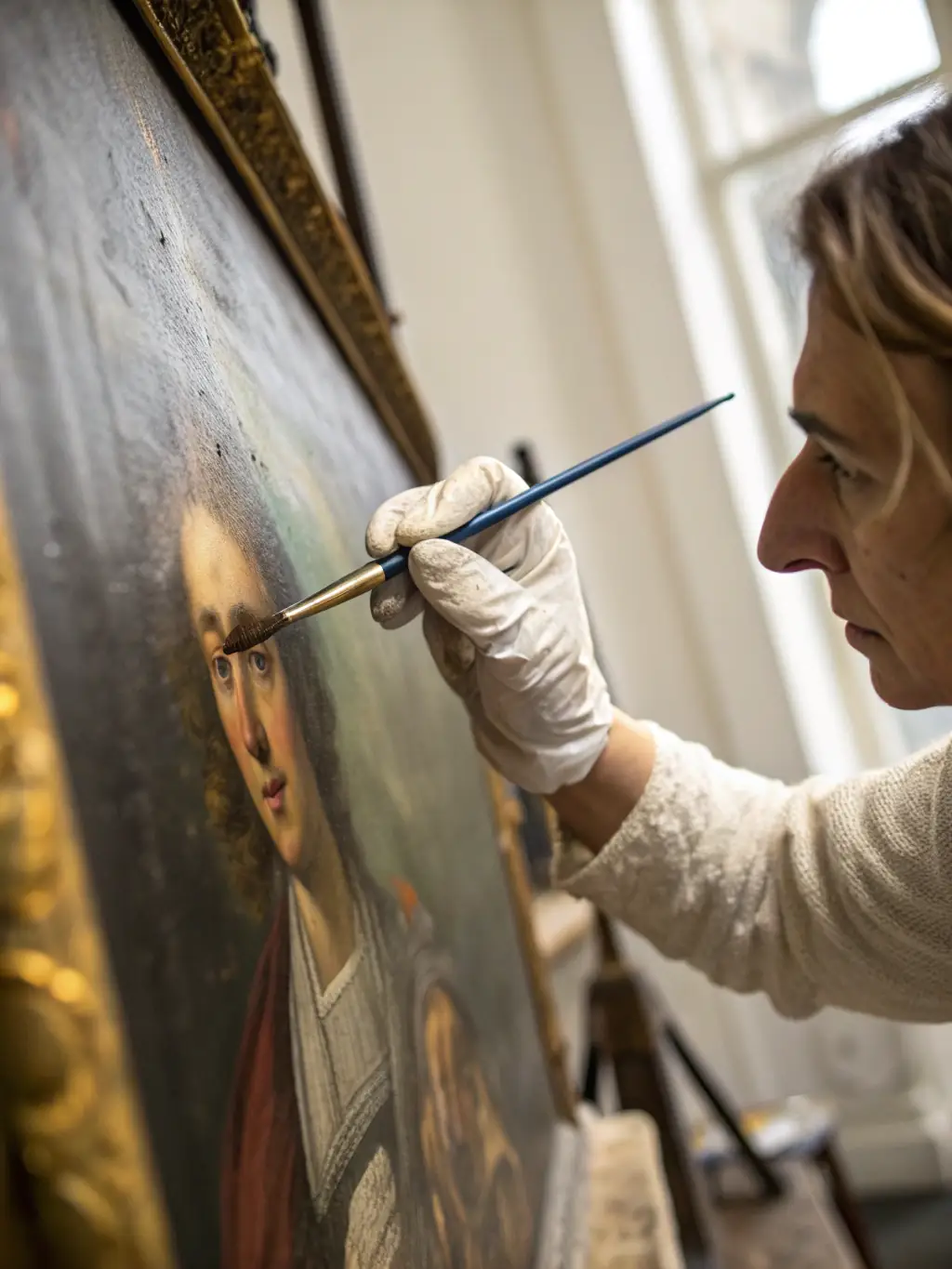 A detailed close-up of gloved hands carefully restoring an antique silk tapestry, surrounded by archival materials and conservation tools in a museum workspace.