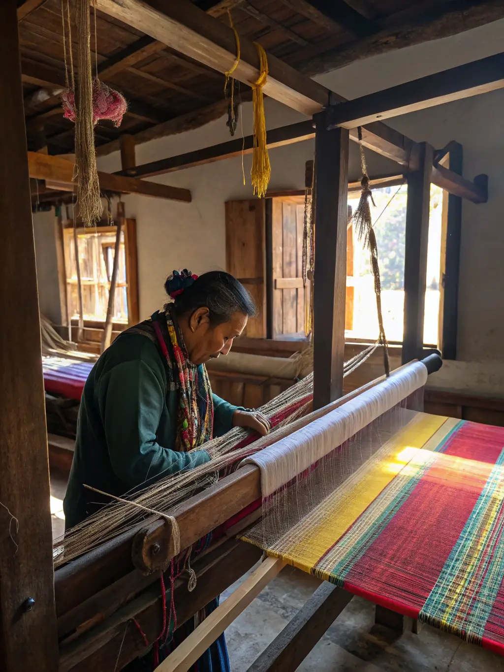 A vibrant photo of children and adults gathered around a loom, attentively learning traditional silk weaving techniques from an experienced artisan in a bright, welcoming workshop setting.