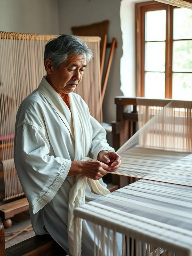 A vibrant photo of a silk weaving workshop, showing an artisan teaching participants how to operate a traditional loom, with colorful silk threads and attentive learners.