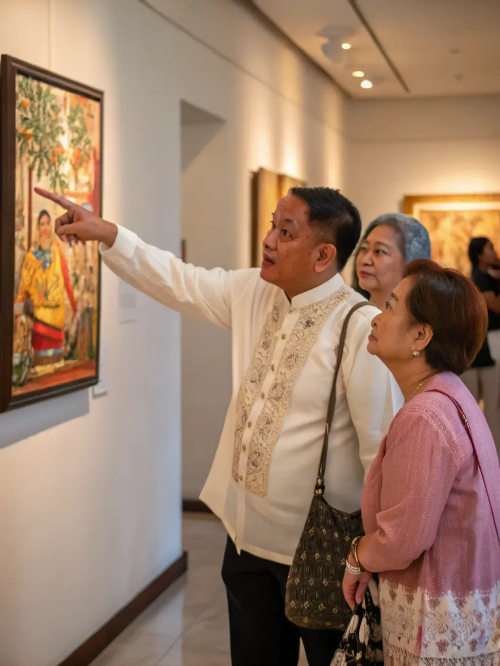 A photo of a guided museum tour, with a knowledgeable guide explaining silk heritage artifacts to a diverse group of visitors in a historic exhibition room.